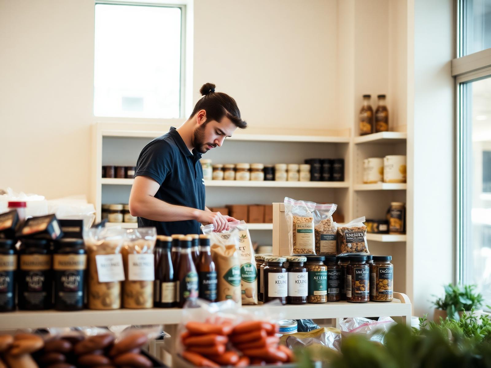 Merchandiser tending an artisan food shelf in a Cape Town grocery store